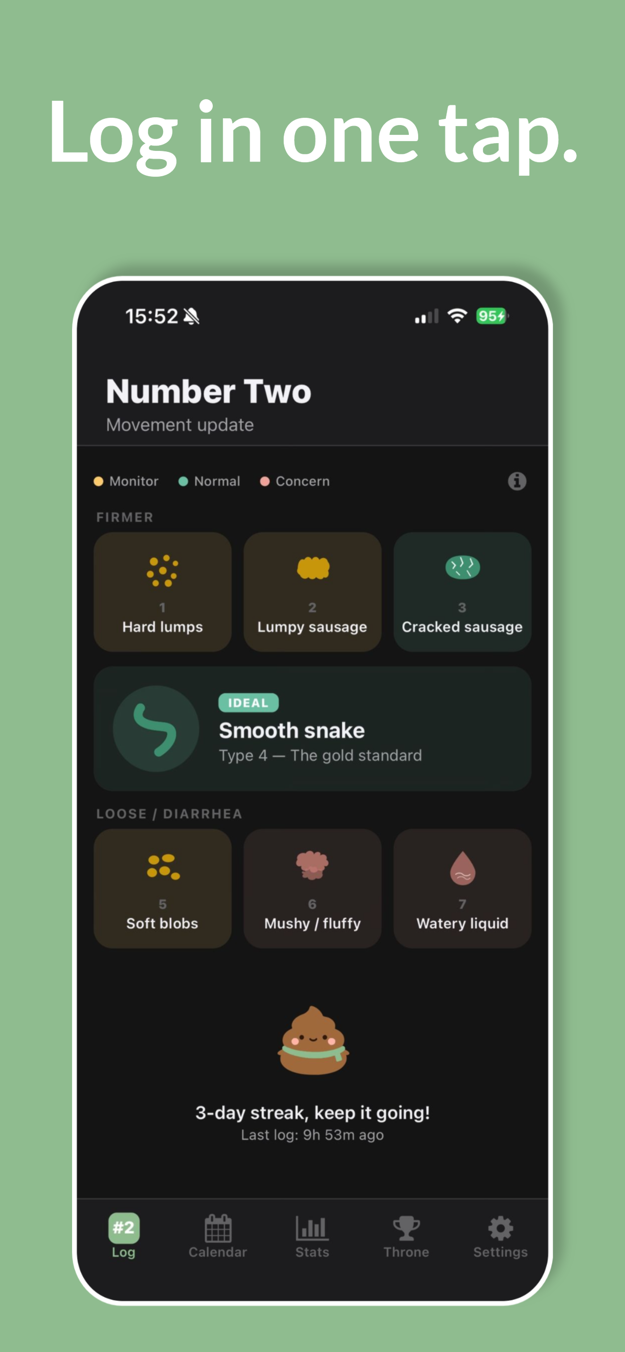 Number Two quick log screen showing Bristol Stool Scale type selection