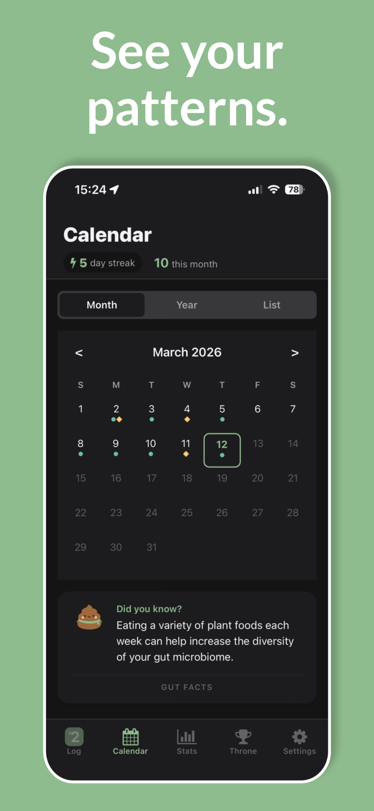 Calendar view with color-coded daily bowel movement history