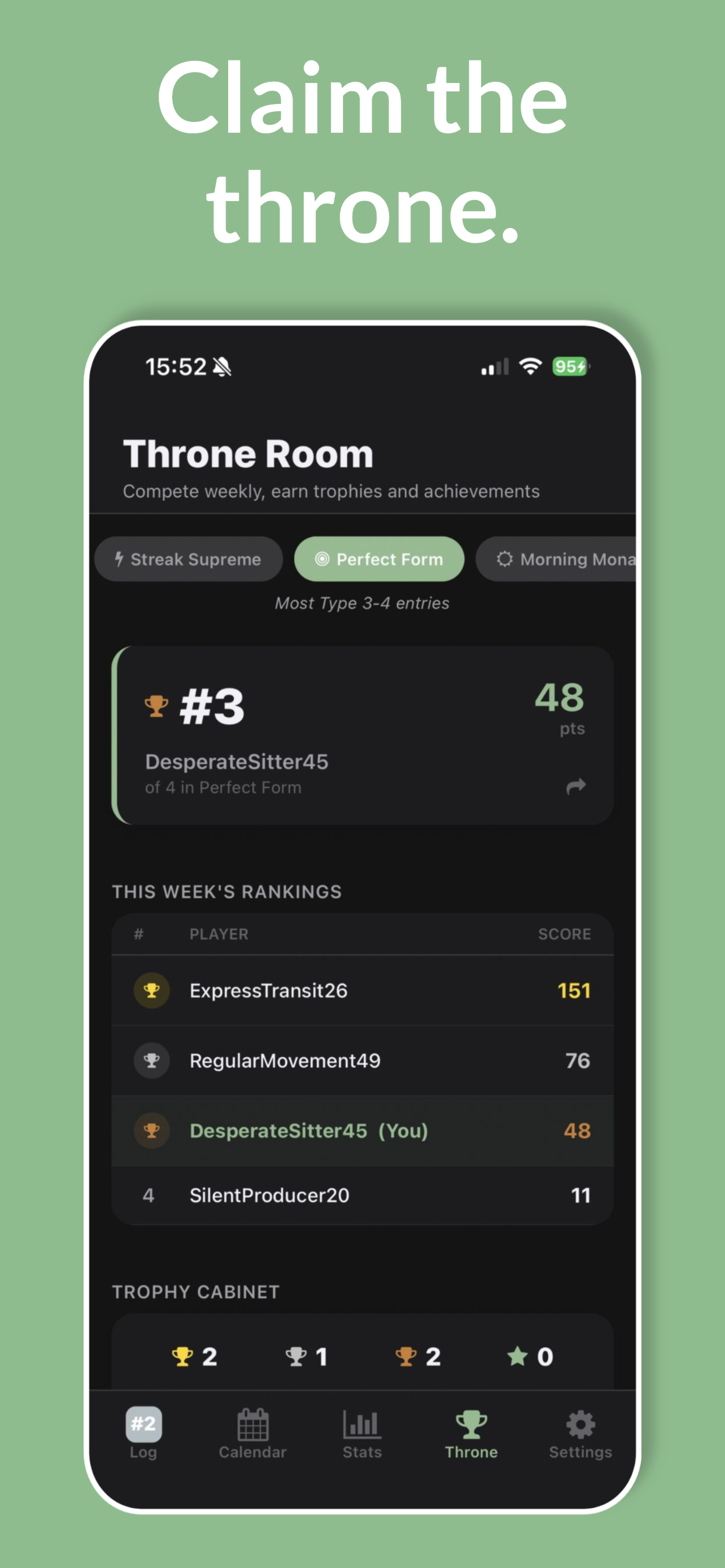 Throne Room leaderboard with anonymous rankings across categories